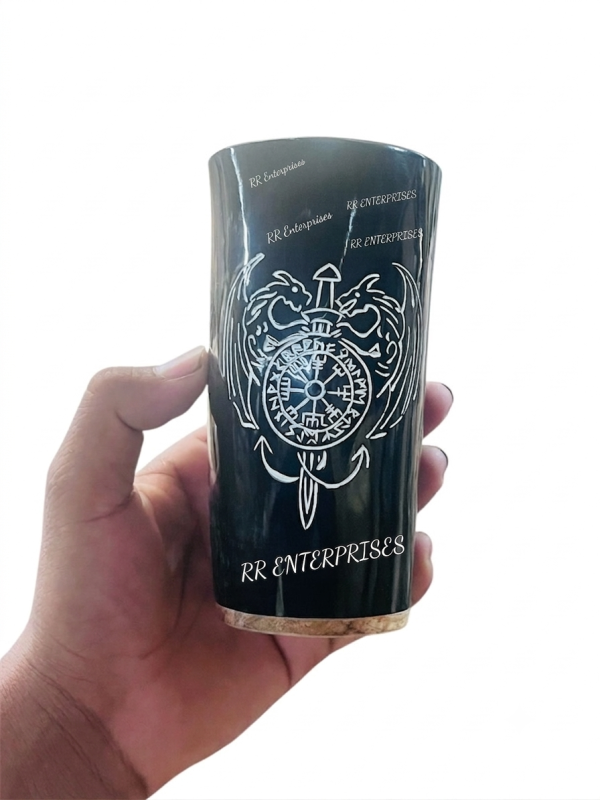 Natural Black Carved Drinking Horn Glass With Wooden Base